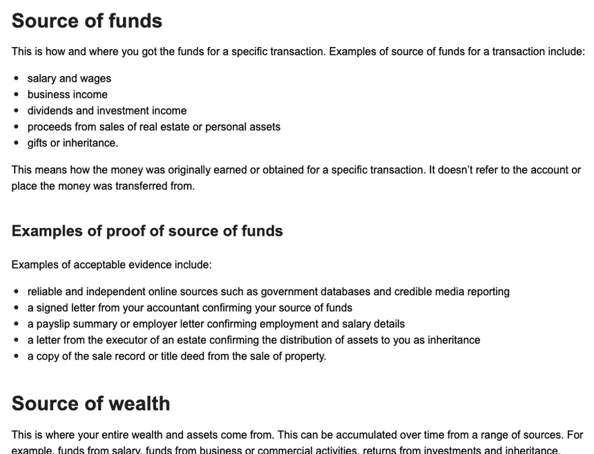 AUSTRAC 说明页英文原文截图，内容是 Source of funds 的定义和五项来历举例、Examples of proof of source of funds 标题下的五条可接受证据，以及 Source of wealth 定义的开头几句