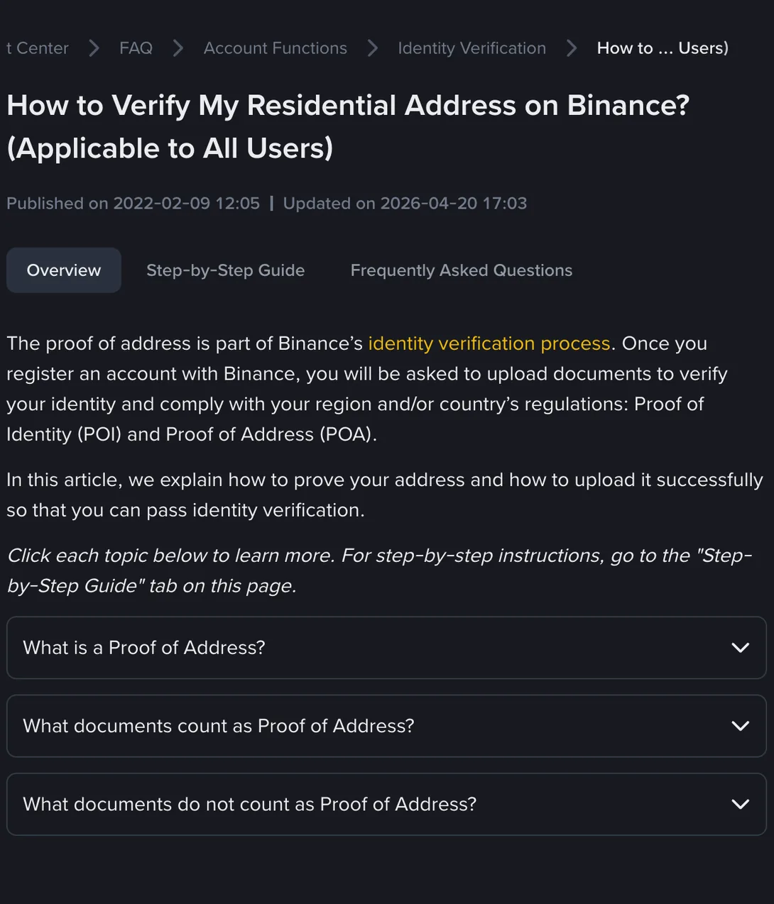 Binance help centre article titled How to Verify My Residential Address on Binance, with the opening paragraph about Proof of Identity and Proof of Address