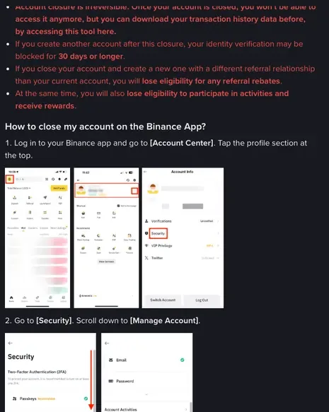 币安英文版帮助页 How to Close My Binance Account 的注意事项，其中一条写明关闭账户后再开新账户，身份认证可能被限制 30 days or longer