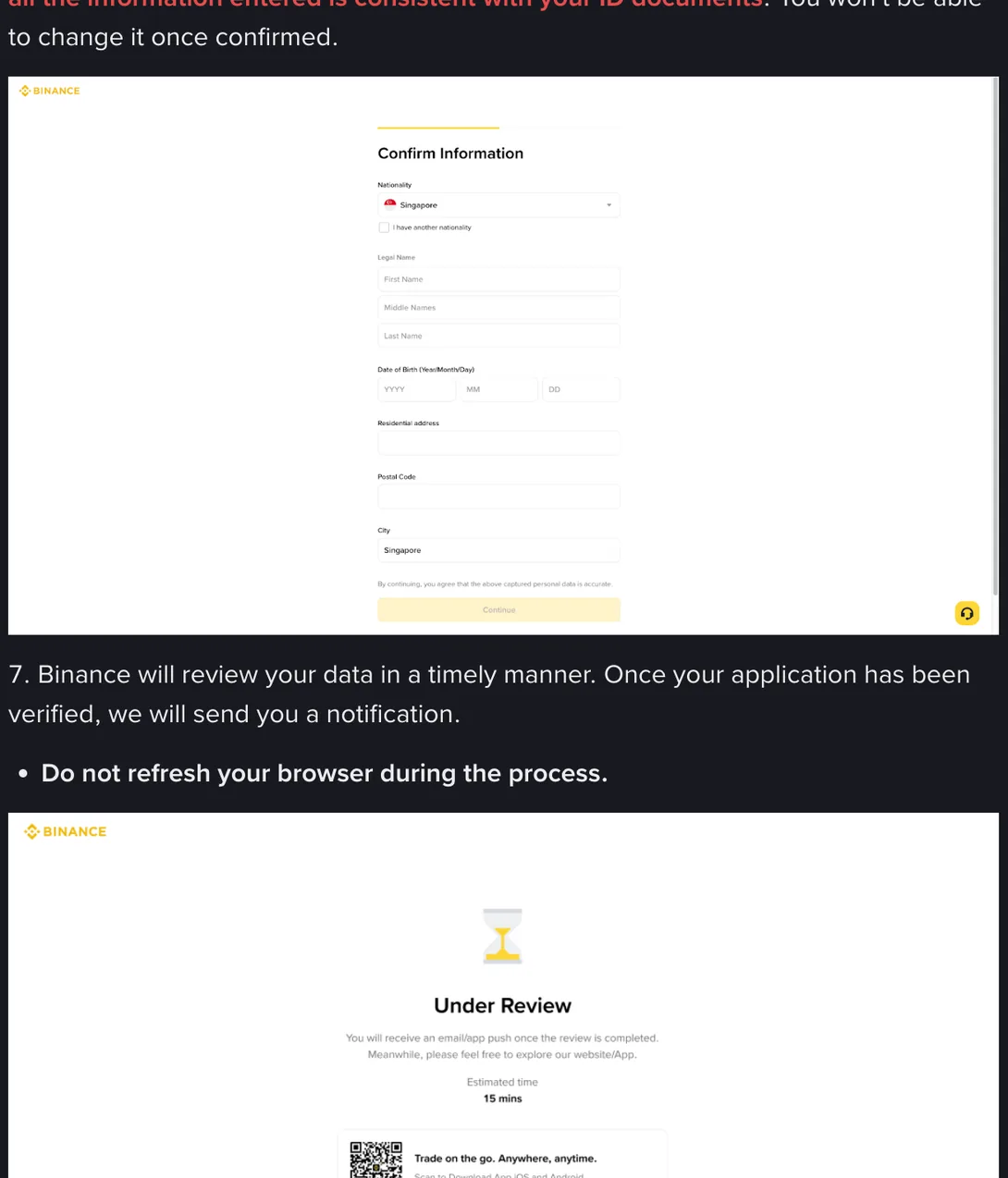 The Binance Confirm Information screen showing Nationality, Legal Name in three parts, Date of Birth, Residential address, Postal Code and City