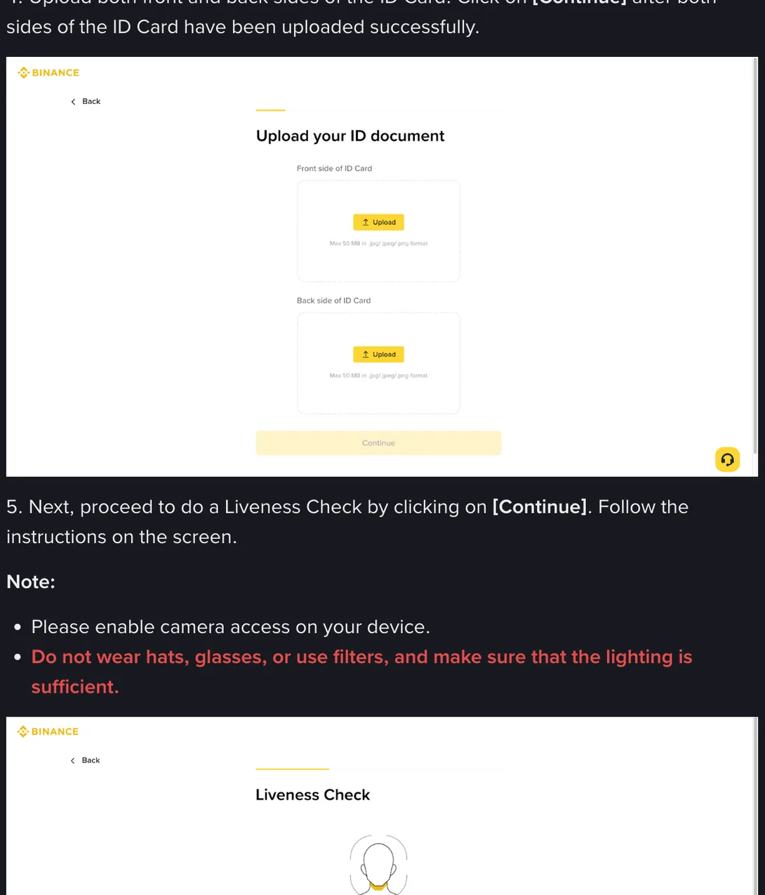 Skrini ya kupakia ya Binance yenye visanduku vya upande wa mbele na wa nyuma wa kitambulisho, kila kimoja kikiwa na mstari wa ukubwa wa juu wa faili na miundo inayokubalika