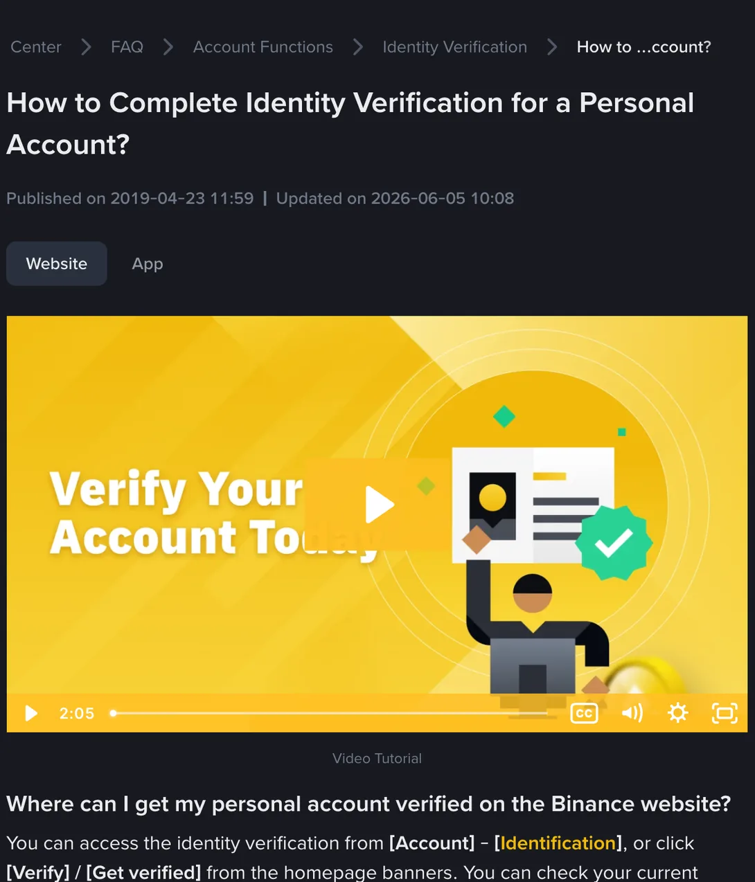 Binance help page titled How to Complete Identity Verification for a Personal Account, showing where identity verification can be accessed from the account menu or homepage banners