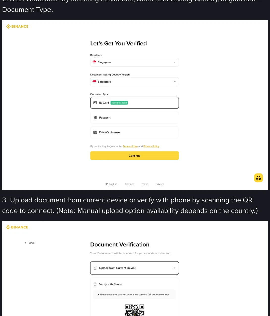 Binance verification start screen with separate dropdowns for Residence and Document Issuing Country or Region, and three document type options