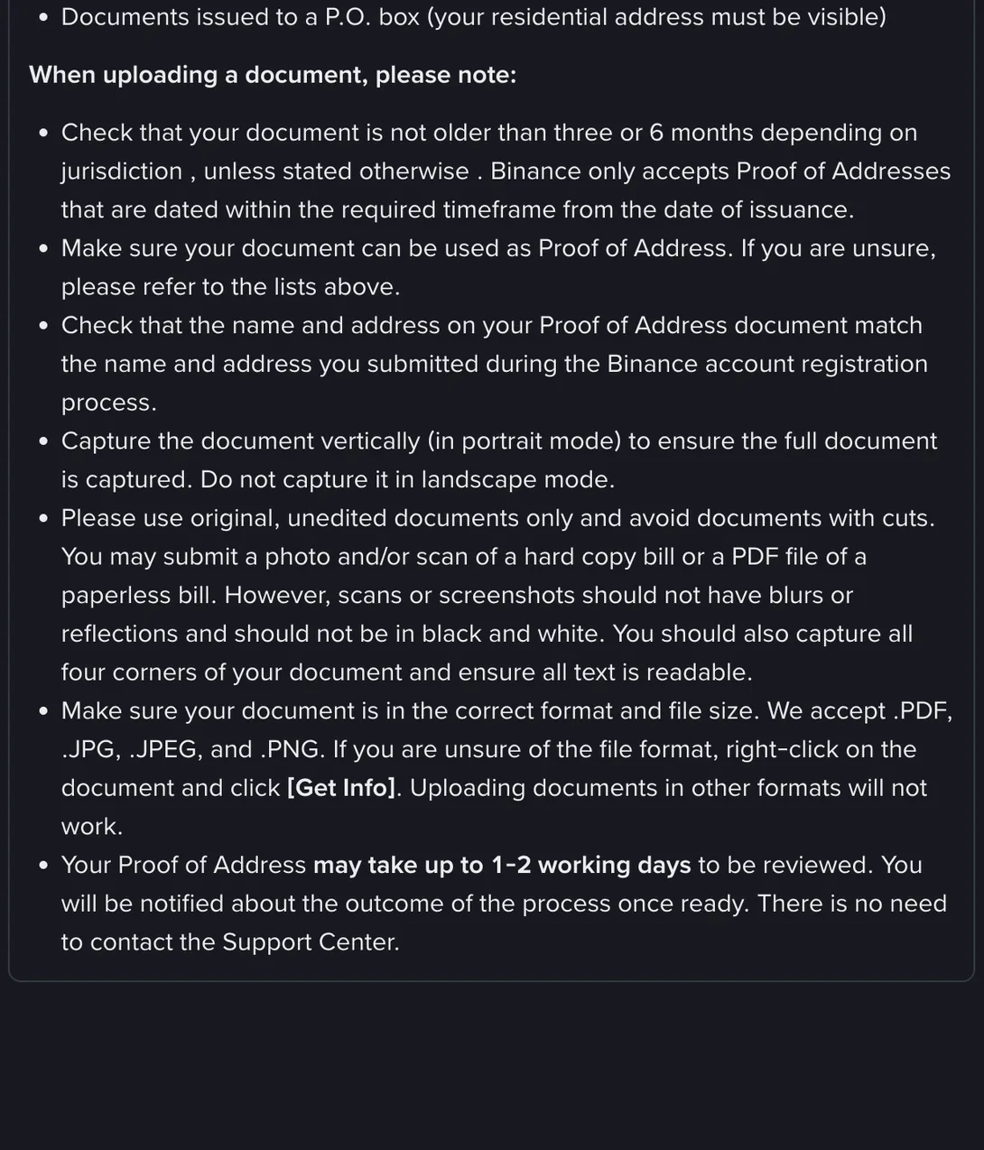 The upload notes block on the Binance address verification page, a numbered set of instructions covering document age, matching name and address, portrait orientation, original unedited files, accepted formats and review time
