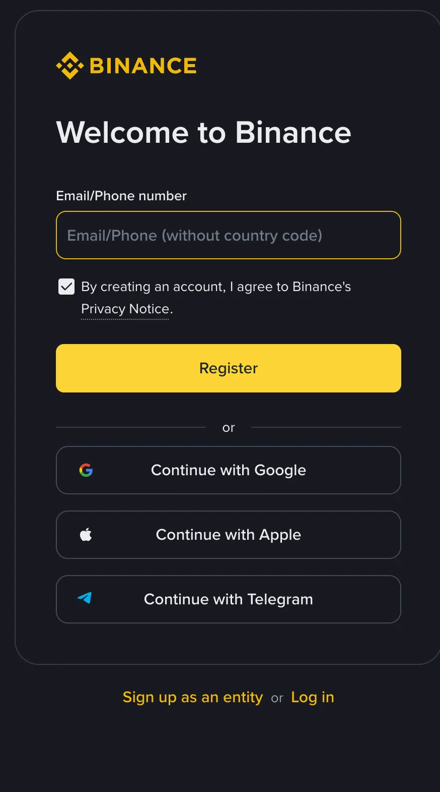 Binance sign-up screen with one Email/Phone field, a Privacy Notice checkbox, a yellow Register button and options to continue with Google, Apple or Telegram