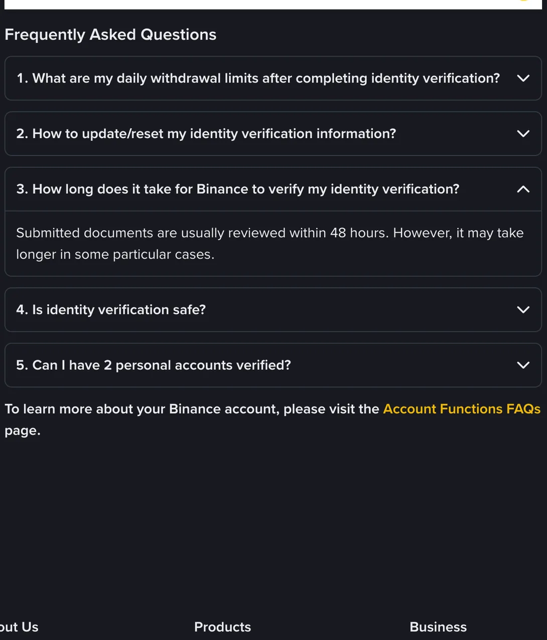 Binance help page FAQ list with five collapsed questions, the third one opened to show that submitted documents are usually reviewed within 48 hours