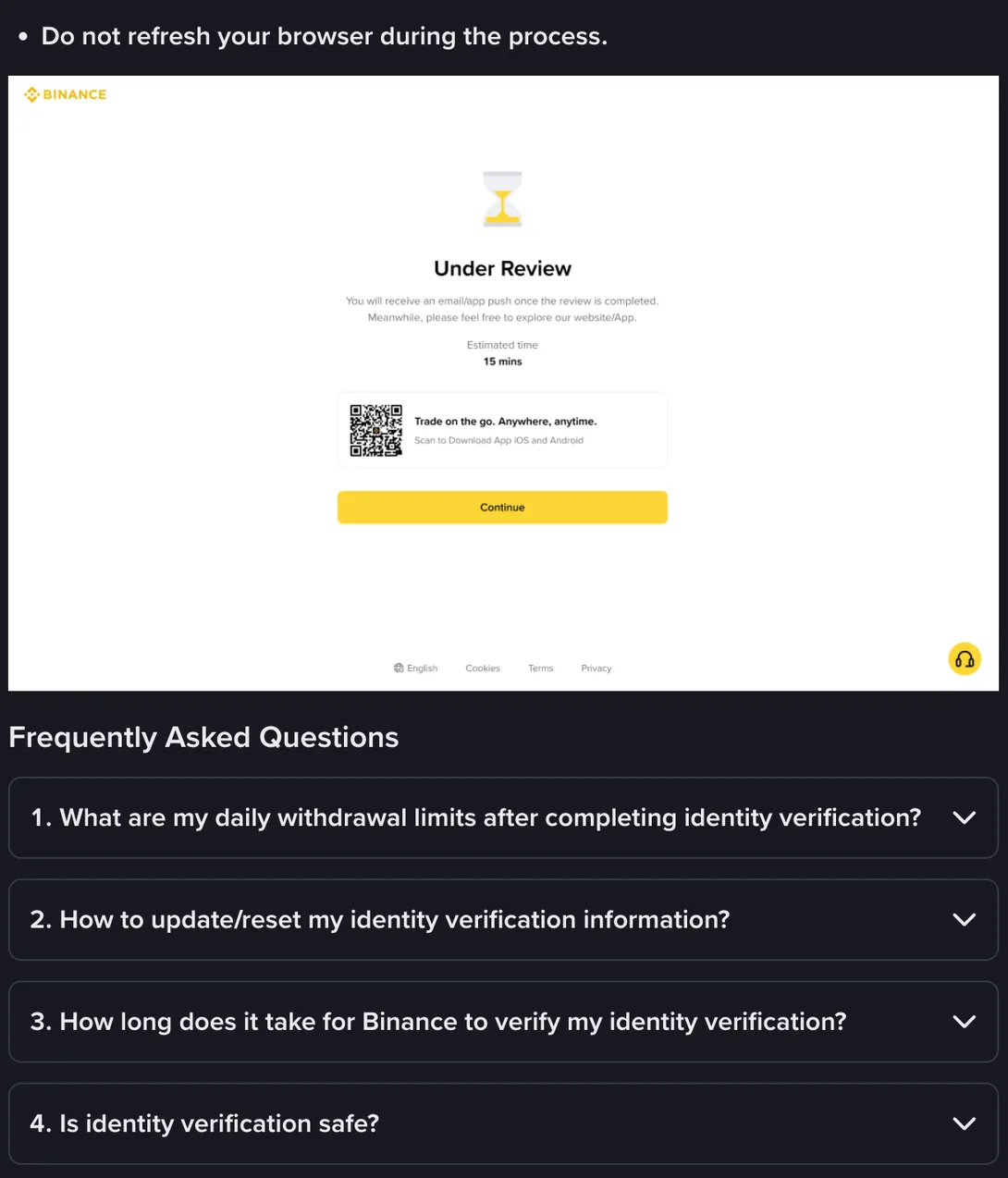 Binance Under Review screen showing an hourglass, a note that you will receive an email or app push once the review is completed, and an estimated time of 15 mins