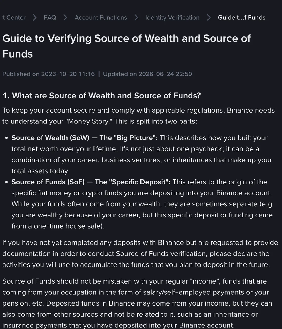 Binance help page Guide to Verifying Source of Wealth and Source of Funds, showing the definitions of SoW as the big picture and SoF as the specific deposit
