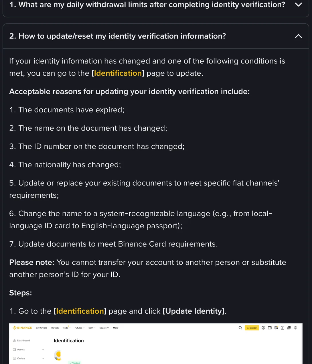 Question two of the Binance identity verification help page expanded, listing the acceptable reasons for updating your verification and ending with a note that you cannot transfer your account to another person or substitute another person’s ID for your own